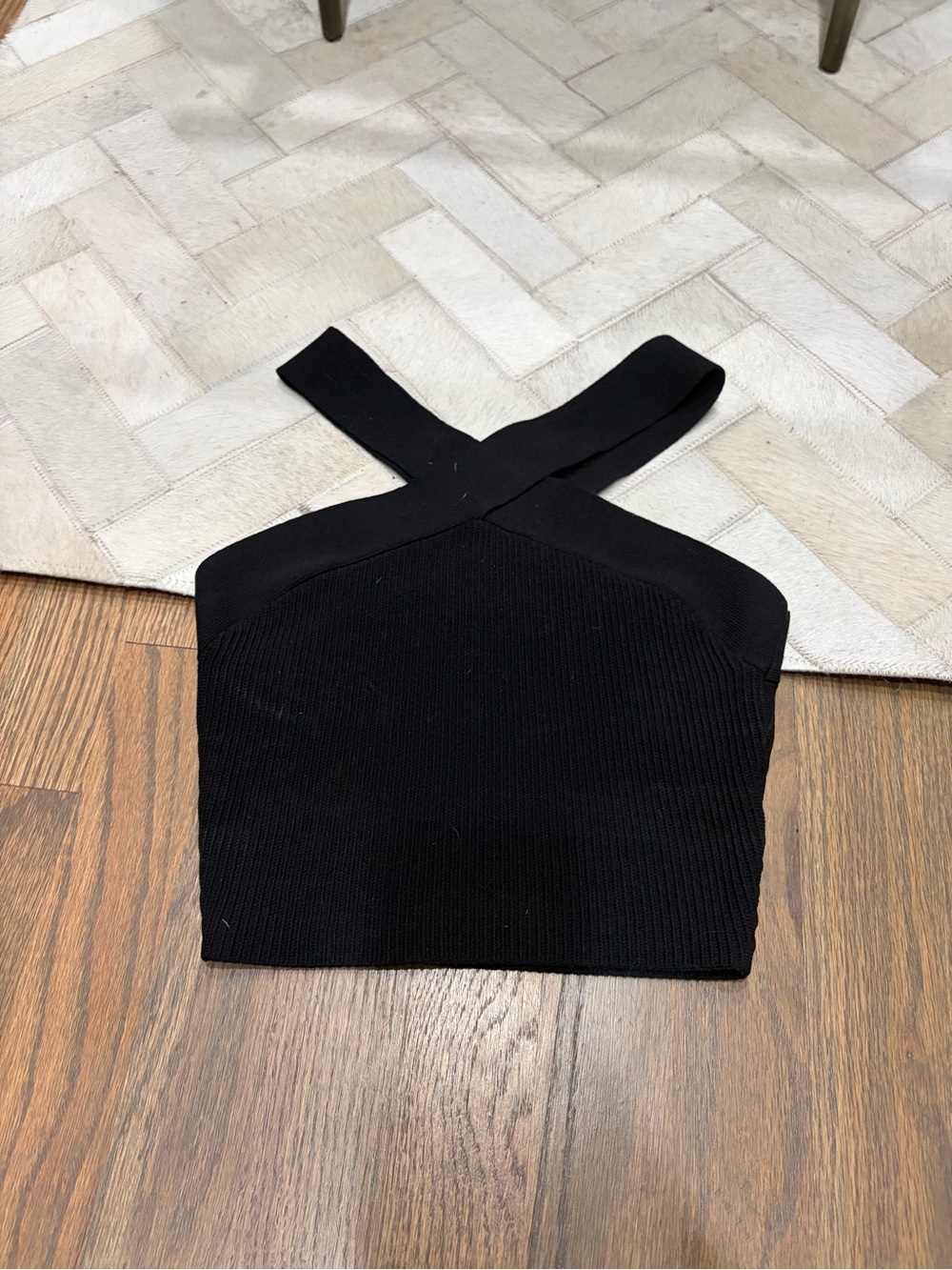 Babaton Black Ribbed Cross-Strap Crop Top
